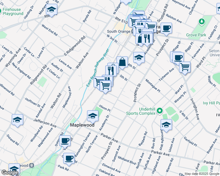 map of restaurants, bars, coffee shops, grocery stores, and more near 324 Valley Street in South Orange