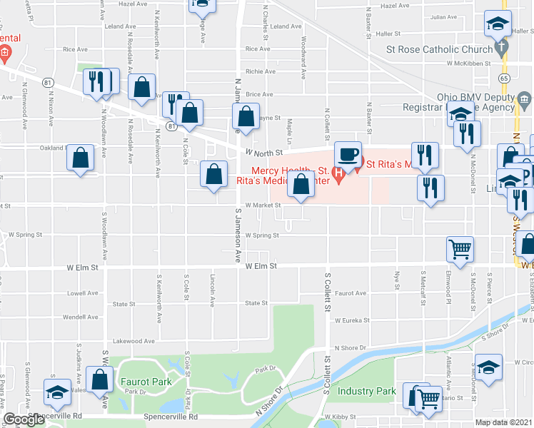 map of restaurants, bars, coffee shops, grocery stores, and more near 901 West Market Street in Lima