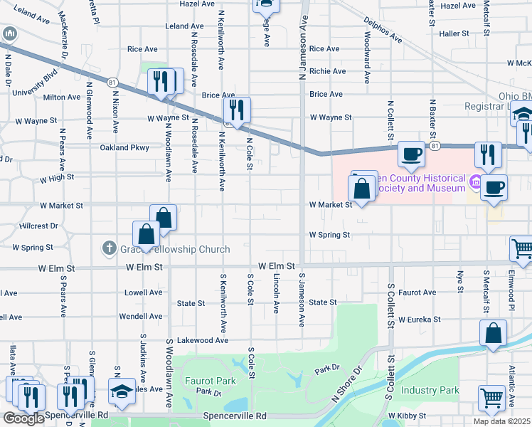 map of restaurants, bars, coffee shops, grocery stores, and more near 1041-1045 W Market St in Lima