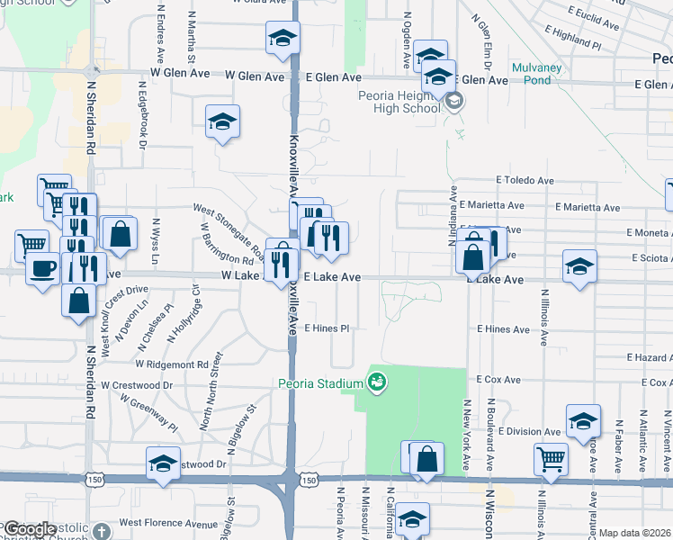map of restaurants, bars, coffee shops, grocery stores, and more near 121 East Lake Avenue in Peoria