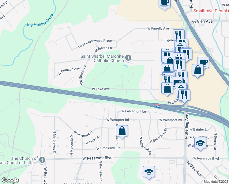 map of restaurants, bars, coffee shops, grocery stores, and more near 3105 West Lake Avenue in Peoria