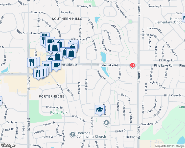 map of restaurants, bars, coffee shops, grocery stores, and more near 7010 South 33rd Street in Lincoln