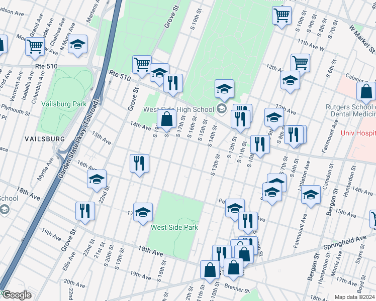 map of restaurants, bars, coffee shops, grocery stores, and more near 472 South 16th Street in Newark
