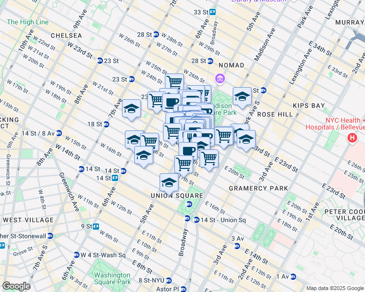 map of restaurants, bars, coffee shops, grocery stores, and more near 150 5th Avenue in New York