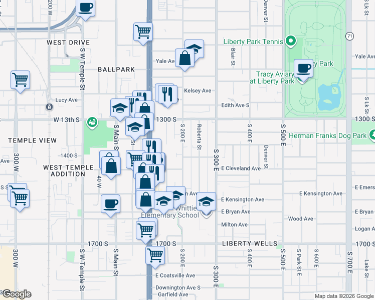 map of restaurants, bars, coffee shops, grocery stores, and more near 1391 South 200 East in Salt Lake City