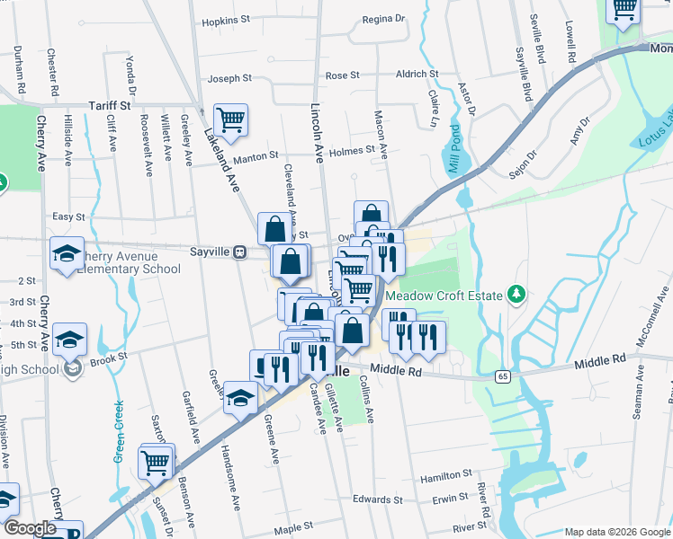 map of restaurants, bars, coffee shops, grocery stores, and more near 62 Hiddink Street in Sayville