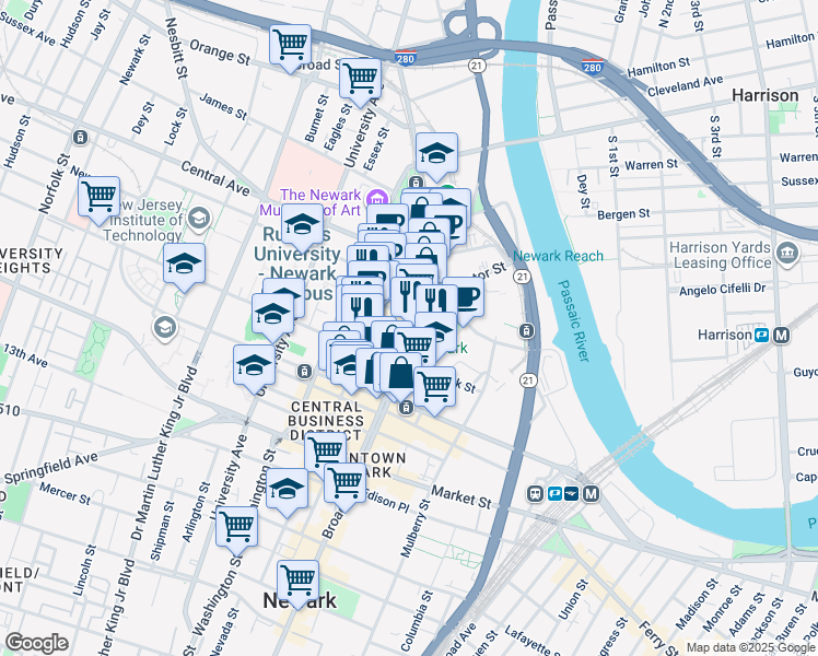 map of restaurants, bars, coffee shops, grocery stores, and more near in Newark