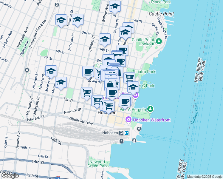 map of restaurants, bars, coffee shops, grocery stores, and more near 235 Bloomfield Street in Hoboken