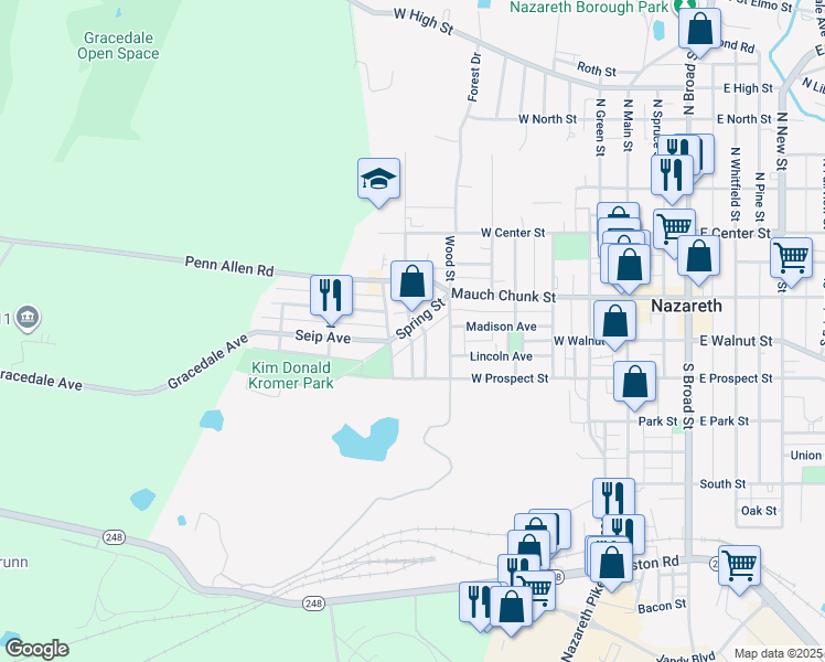 map of restaurants, bars, coffee shops, grocery stores, and more near 149 Spring Street in Nazareth
