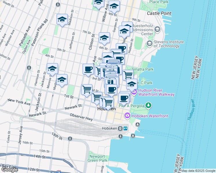 map of restaurants, bars, coffee shops, grocery stores, and more near 235 Bloomfield Street in Hoboken