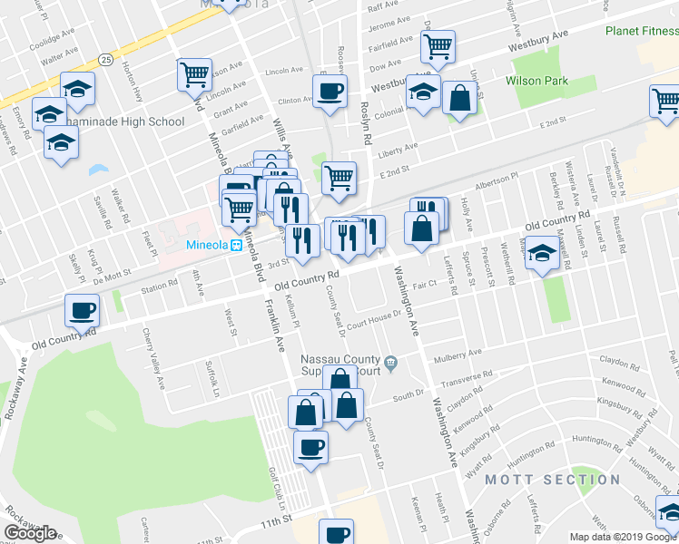 map of restaurants, bars, coffee shops, grocery stores, and more near Old Country Road in Mineola
