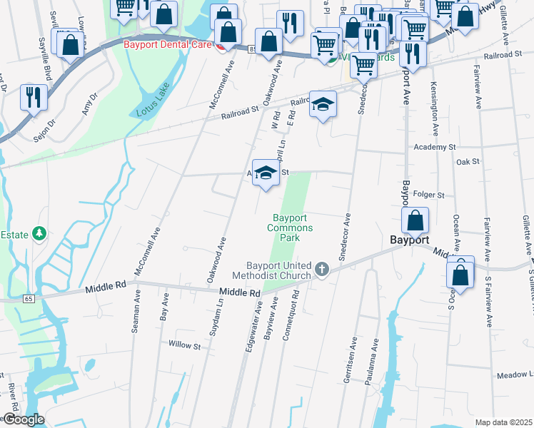map of restaurants, bars, coffee shops, grocery stores, and more near 150 Academy Street in Bayport