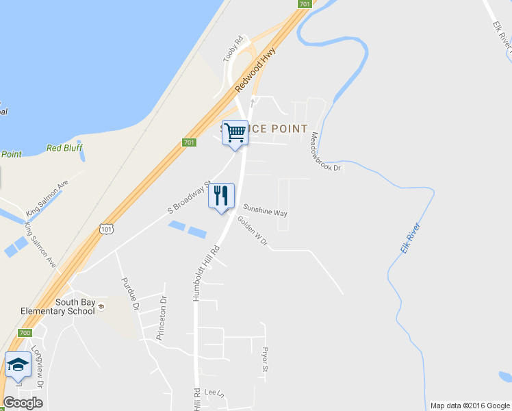 map of restaurants, bars, coffee shops, grocery stores, and more near 1 Sunshine Way in Eureka