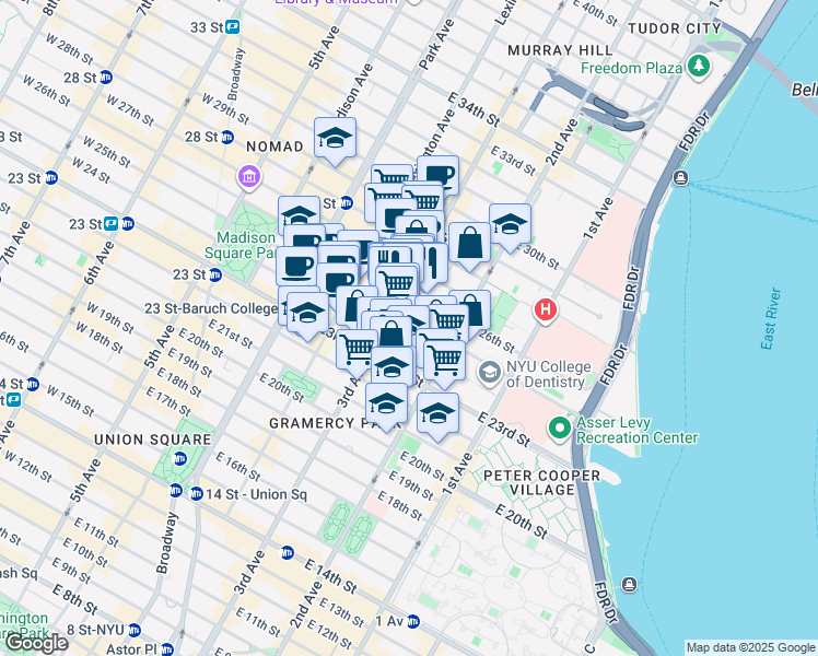map of restaurants, bars, coffee shops, grocery stores, and more near 210 East 25th Street in New York