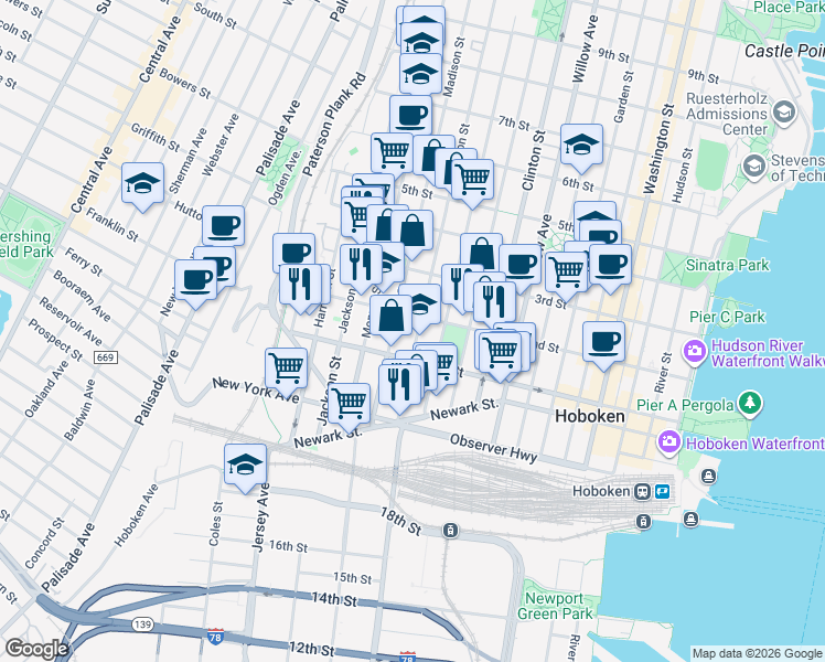 map of restaurants, bars, coffee shops, grocery stores, and more near 509 2nd Street in Hoboken