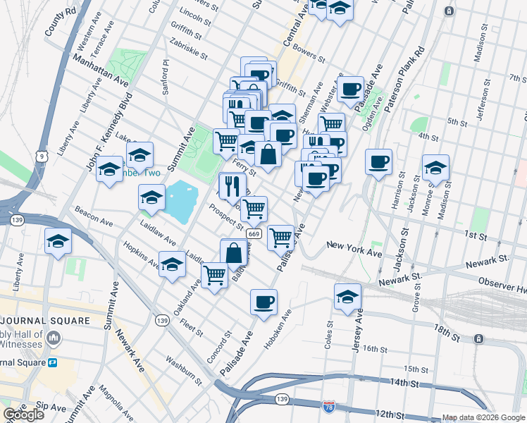 map of restaurants, bars, coffee shops, grocery stores, and more near 91 Booraem Avenue in Jersey City