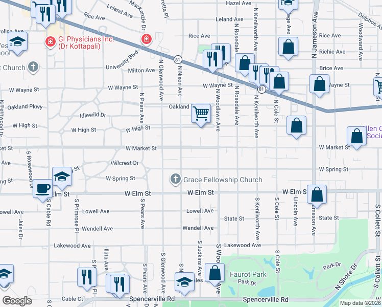 map of restaurants, bars, coffee shops, grocery stores, and more near 1459 West Market Street in Lima