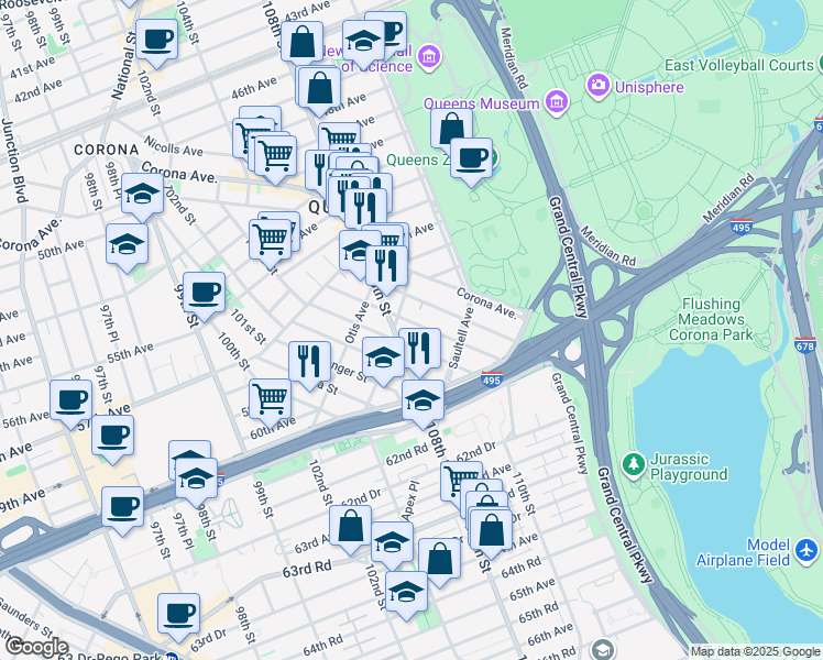 map of restaurants, bars, coffee shops, grocery stores, and more near 57-11 Van Doren Street in Queens