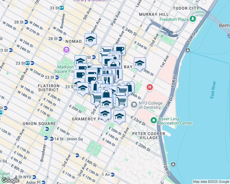map of restaurants, bars, coffee shops, grocery stores, and more near East 25th Street in New York