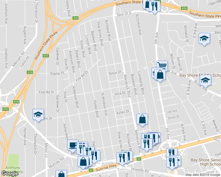 map of restaurants, bars, coffee shops, grocery stores, and more near 19 Ontario Drive in Bay Shore