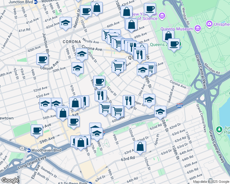 map of restaurants, bars, coffee shops, grocery stores, and more near 54-39 101st Street in Queens