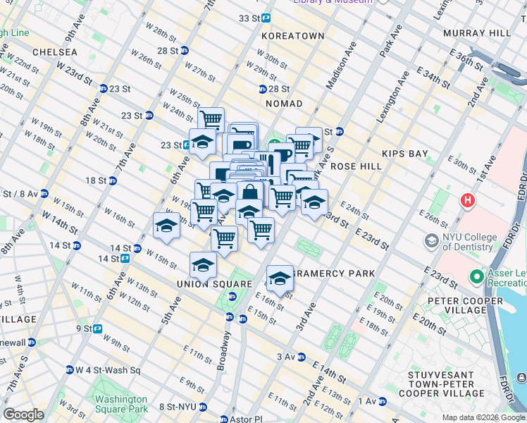 map of restaurants, bars, coffee shops, grocery stores, and more near 928 Broadway in New York
