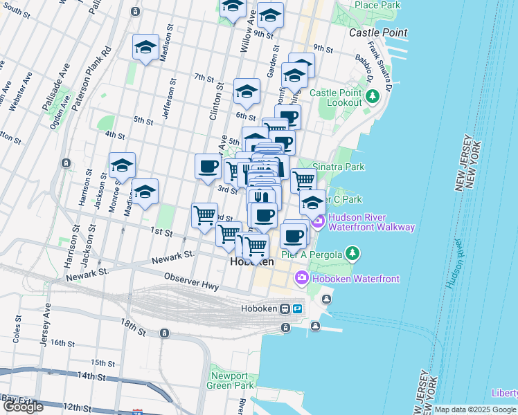 map of restaurants, bars, coffee shops, grocery stores, and more near 235 Bloomfield Street in Hoboken