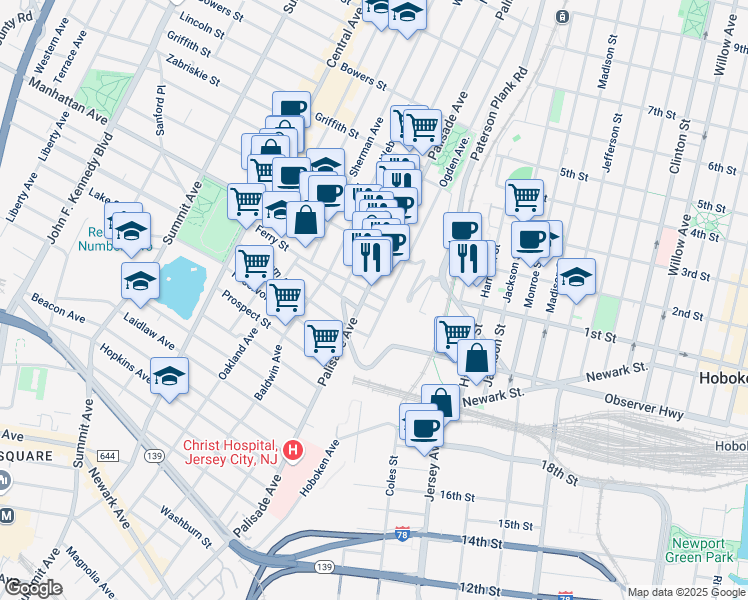 map of restaurants, bars, coffee shops, grocery stores, and more near 324 Palisade Avenue in Jersey City