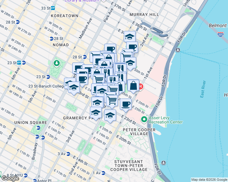 map of restaurants, bars, coffee shops, grocery stores, and more near 123 5th Avenue in New York