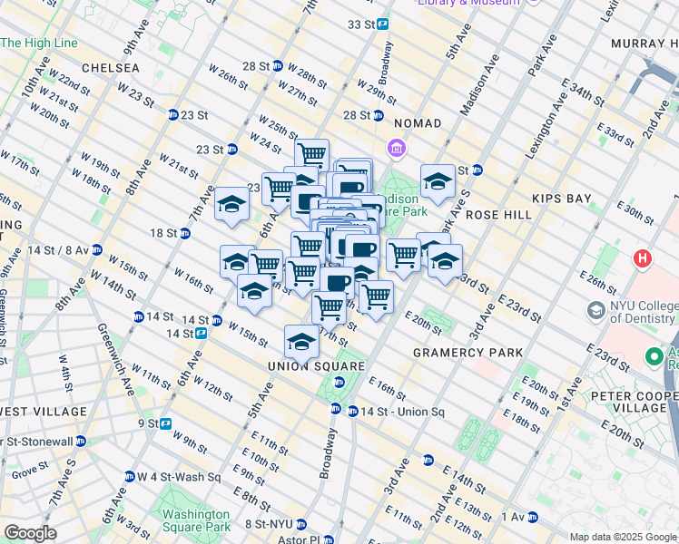 map of restaurants, bars, coffee shops, grocery stores, and more near 135 5th Avenue in New York