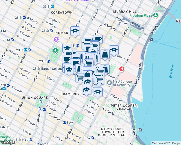 map of restaurants, bars, coffee shops, grocery stores, and more near 206 East 25th Street in New York
