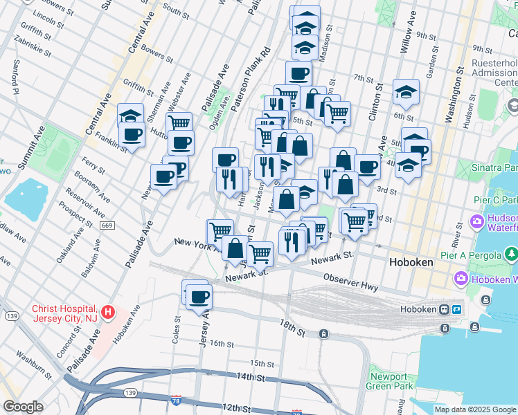 map of restaurants, bars, coffee shops, grocery stores, and more near 109 Jackson Street in Hoboken