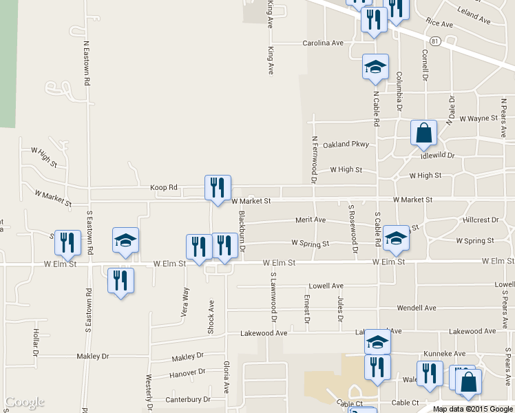 map of restaurants, bars, coffee shops, grocery stores, and more near 2541 West Market Street in Lima