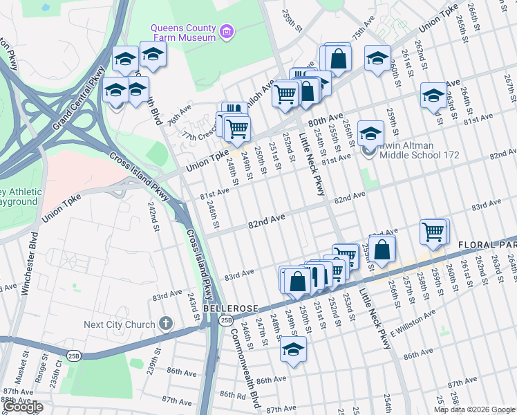 map of restaurants, bars, coffee shops, grocery stores, and more near 81-28 249th Street in Queens