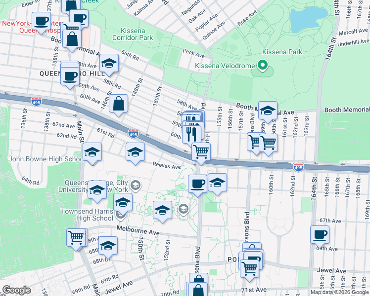 map of restaurants, bars, coffee shops, grocery stores, and more near 153-22 60th Avenue in Queens