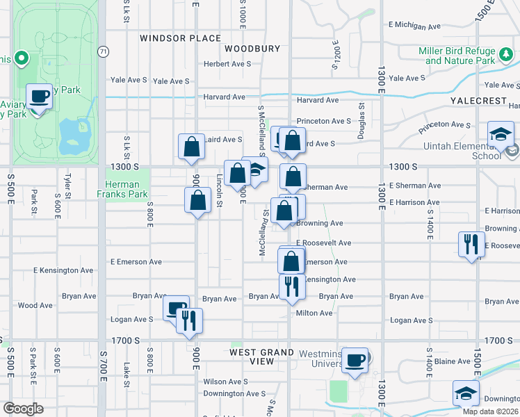 map of restaurants, bars, coffee shops, grocery stores, and more near 1038 Harrison Avenue in Salt Lake City
