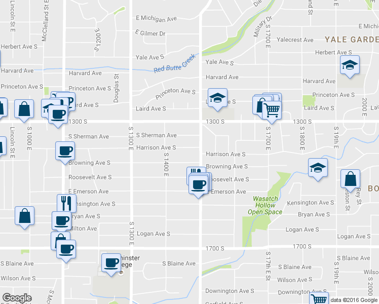 map of restaurants, bars, coffee shops, grocery stores, and more near 1464 Harrison Avenue in Salt Lake City