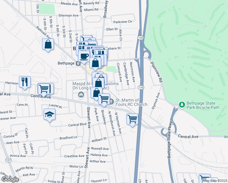 map of restaurants, bars, coffee shops, grocery stores, and more near 32 Lexington Avenue in Bethpage