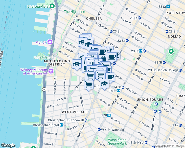 map of restaurants, bars, coffee shops, grocery stores, and more near 251 West 14th Street in New York
