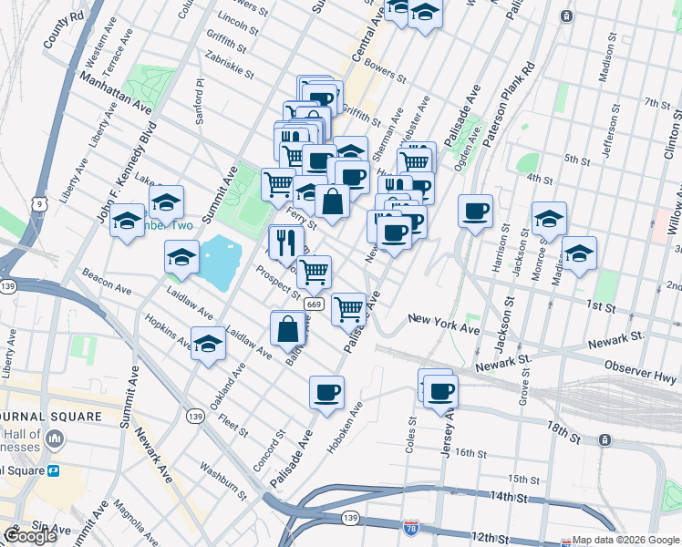 map of restaurants, bars, coffee shops, grocery stores, and more near 31 Ravine Avenue in Jersey City