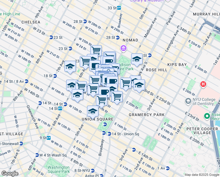 map of restaurants, bars, coffee shops, grocery stores, and more near 915 Broadway in New York