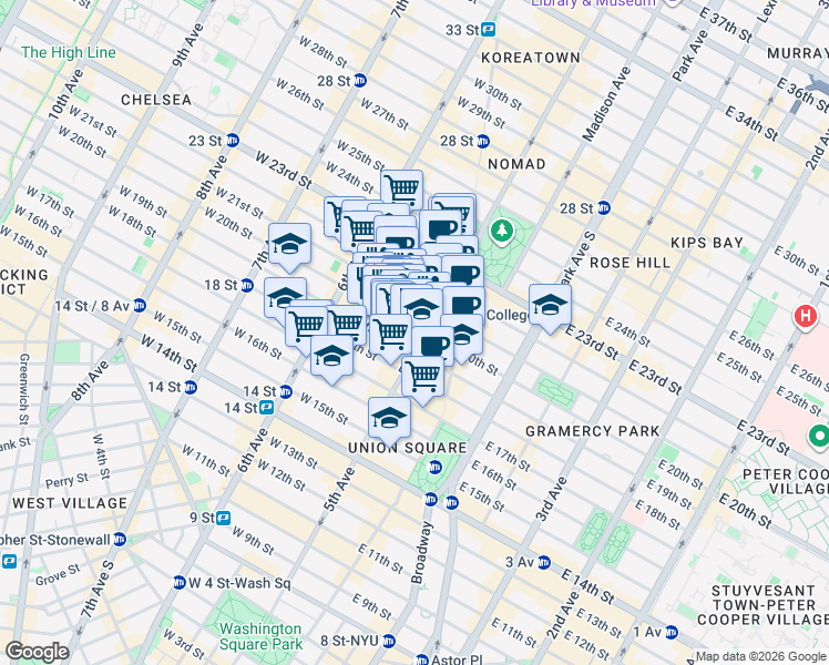 map of restaurants, bars, coffee shops, grocery stores, and more near 150 5th Avenue in New York
