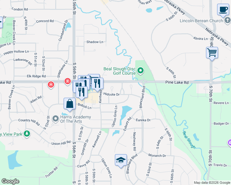 map of restaurants, bars, coffee shops, grocery stores, and more near 7042 Straffan Place in Lincoln