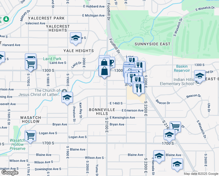 map of restaurants, bars, coffee shops, grocery stores, and more near 1370 South 2100 East in Salt Lake City
