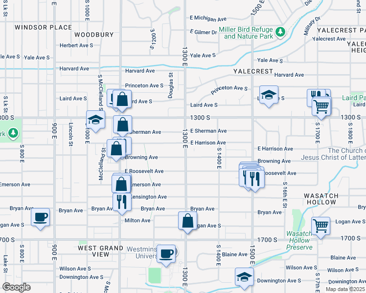 map of restaurants, bars, coffee shops, grocery stores, and more near 1363 South 1300 East in Salt Lake City