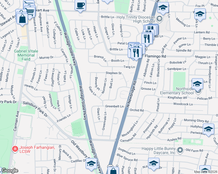 map of restaurants, bars, coffee shops, grocery stores, and more near 94 Norman Lane in Levittown