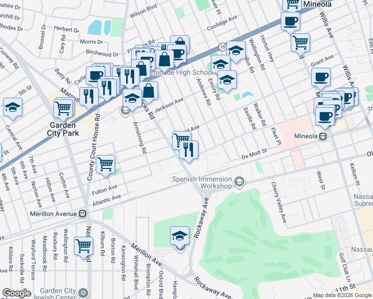 map of restaurants, bars, coffee shops, grocery stores, and more near 142 Herricks Road in Mineola