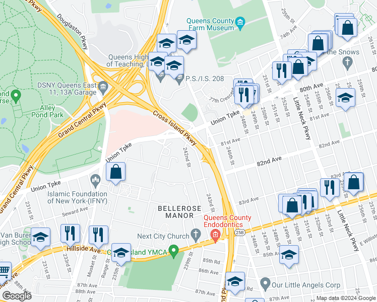 map of restaurants, bars, coffee shops, grocery stores, and more near 80-30 Cross Island Parkway in Queens