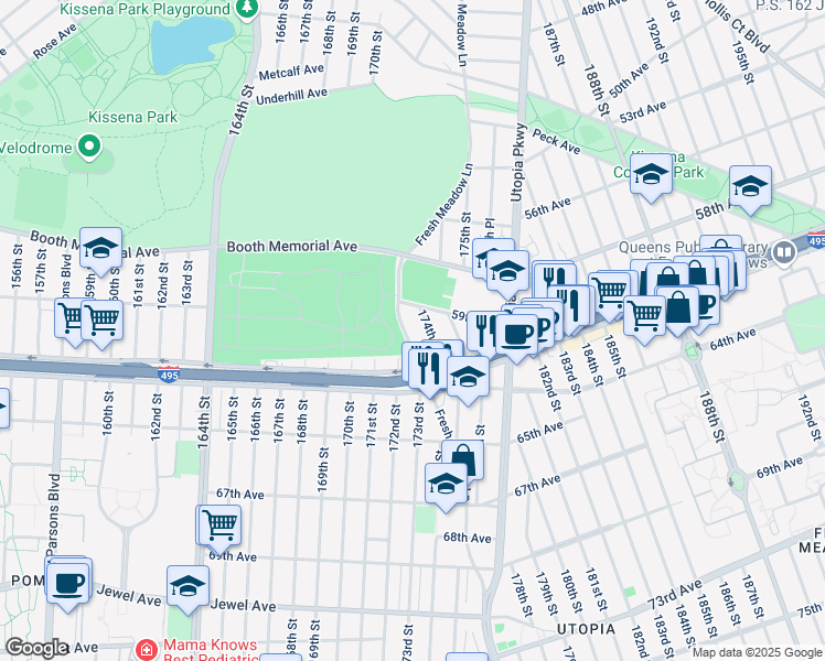 map of restaurants, bars, coffee shops, grocery stores, and more near 59-11 Fresh Meadow Lane in Queens