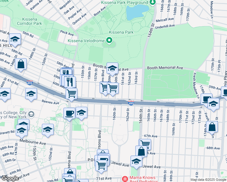 map of restaurants, bars, coffee shops, grocery stores, and more near 59-17 159th Street in Queens